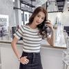 Skinny Knitted T Shirt Women Crop Top Ladies Summer Tee Shirt Contrast Striped Top Round Neck Short Sleeve Crop T-shirt 4 Color