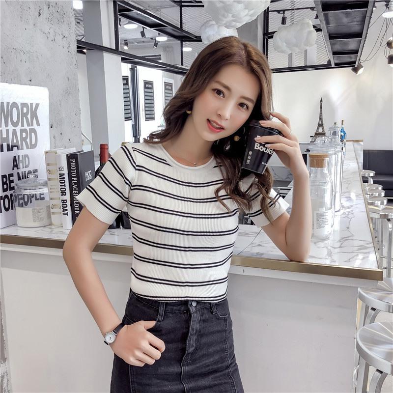 Skinny Knitted T Shirt Women Crop Top Ladies Summer Tee Shirt Contrast Striped Top Round Neck Short Sleeve Crop T-shirt 4 Color