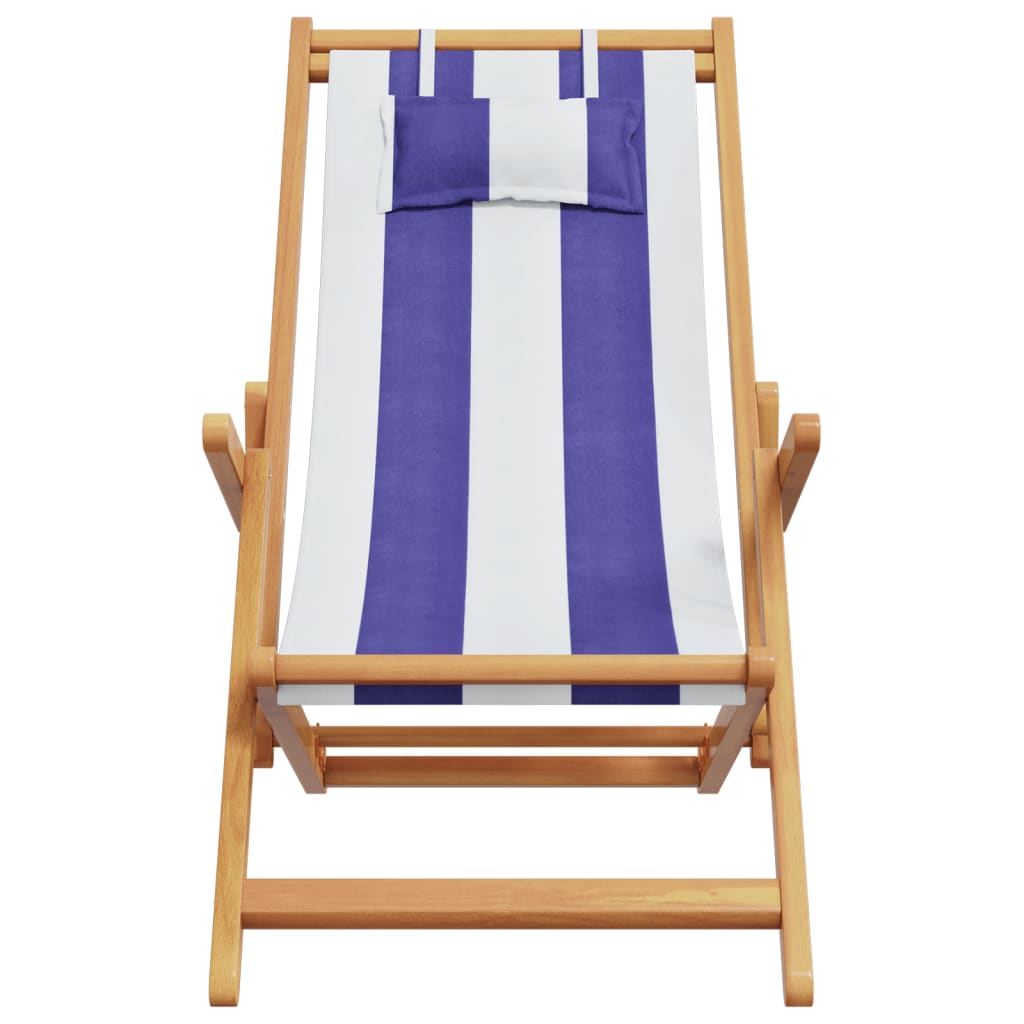 Folding Beach Chair Blue & White Solid Eucalyptus Wood and Fabric