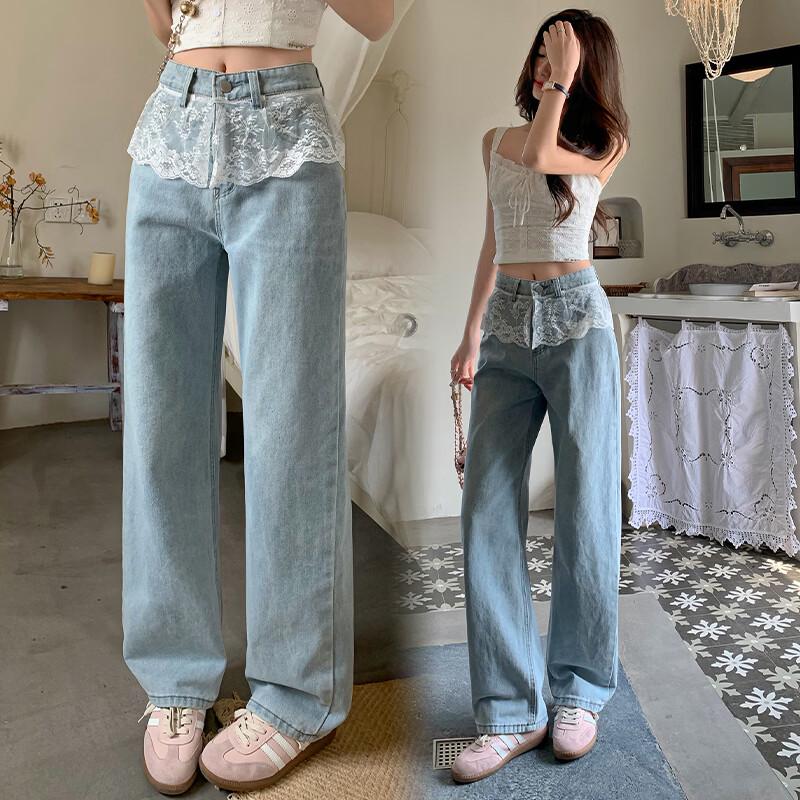 Pantaloni in Denim Patchwork di Pizzo a Vita Alta da Donna