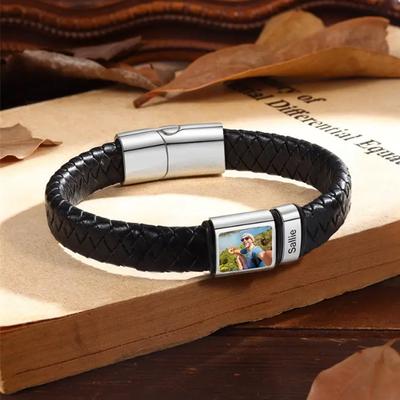 Personalized Photo Bracelet for Men Custom Picture Bracelet Leather Engraved Bracelet Jewelry Gift for Men Boy Husband