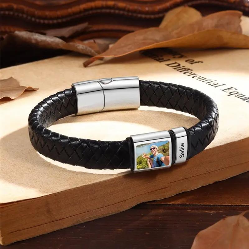 Personalizovaný náramek s fotografií pro muže, náramek s vlastním obrázkem, kožený gravírovaný náramek, šperk jako dárek pro muže, chlapce, manžela