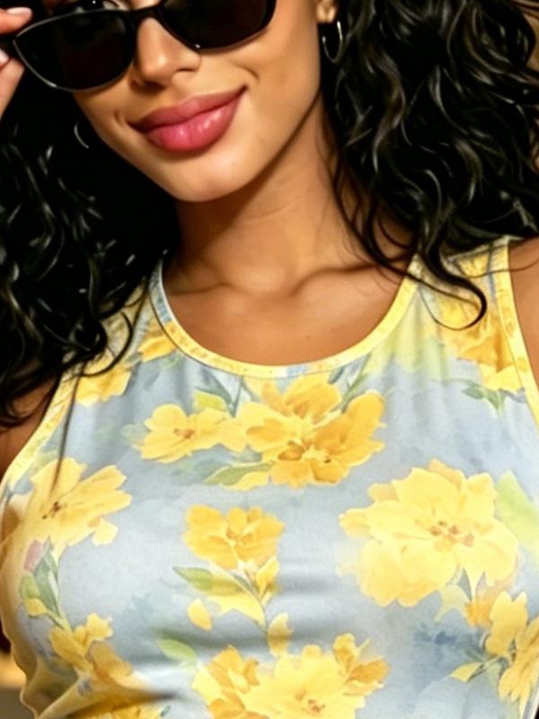 Watercolor Floral Sleeveless Bodycon Mini Dress, Round Neck Slim Fit Brunch & Evening Cover-Up