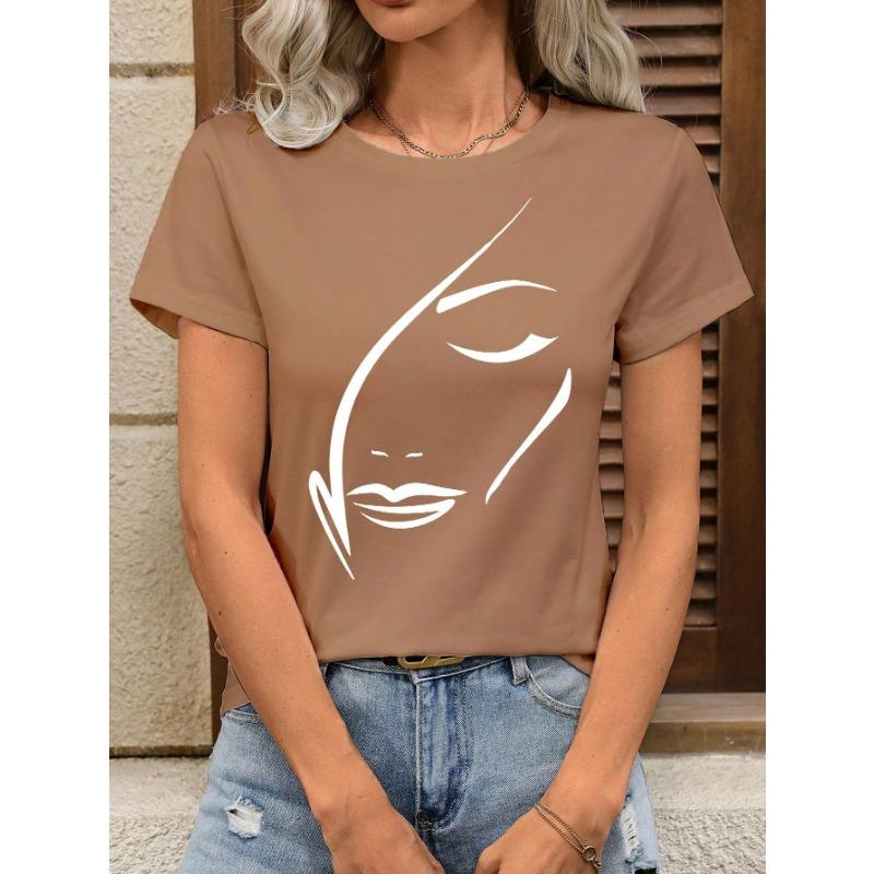 Summer Round Neck 3D Facial Depiction Pattern Print Top Fashionable Casual Short Sleeved Women's T-shirts