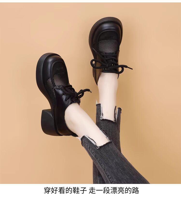 

Жіночі човники на масивній платформі Жіночі весняні лофери на високих підборах із штучної шкіри Жіночі туфлі з круглим носом на шнурівці, дихаючі порожнисті одинарні туфлі 38 чорний