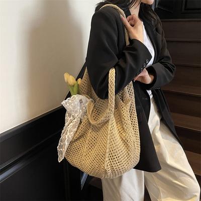 Women Crochet Tote Candy Bag Fashion Knitted Large Capacity Woven Shoulder Bags Solid Color Simple Shopping Bag for Summer Beach
