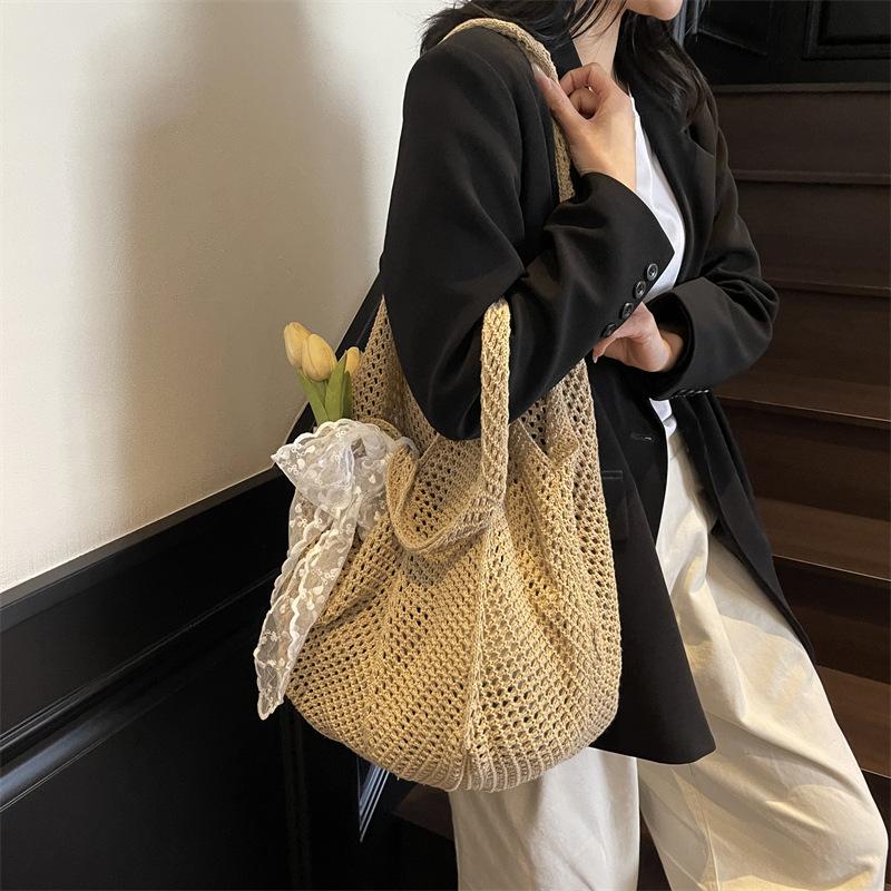 Women Crochet Tote Candy Bag Fashion Knitted Large Capacity Woven Shoulder Bags Solid Color Simple Shopping Bag for Summer Beach