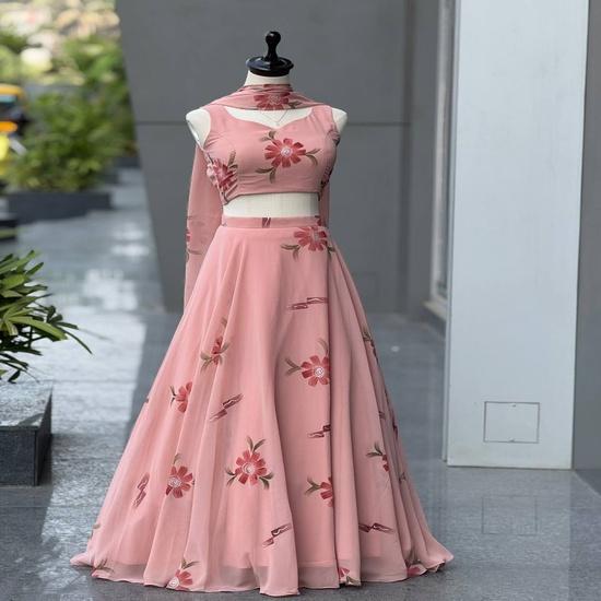 Pastel Blush Floral Georgette Lehenga Choli FREE SIZE