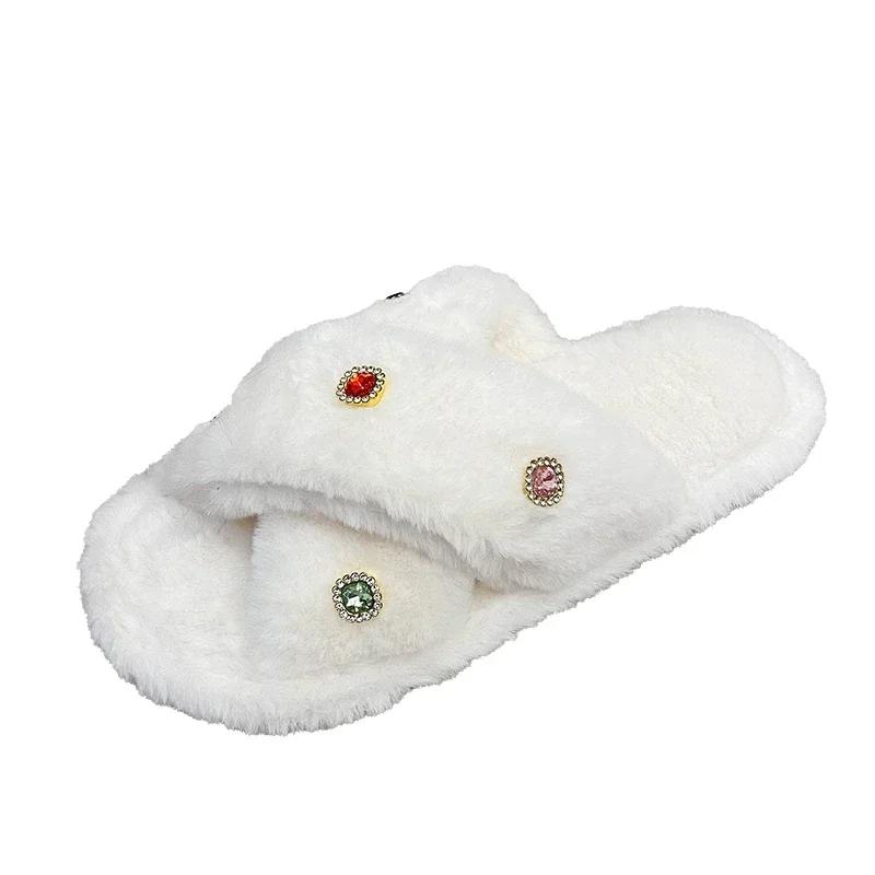 

Милые Теплые Плюшевые Тапочки Женские Шлепанцы На Плоской Низкой Подошве Женская Обувь Блестящие Кристаллы Блеск Пушистые Меховые Тапочки Обувь 41 белый