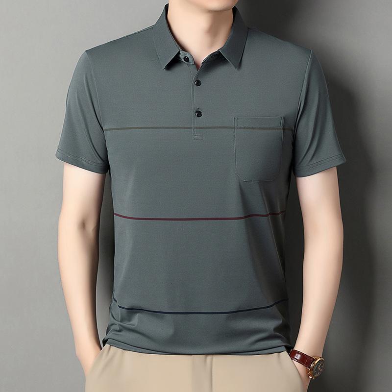 Real Pocket Striped Men'S High-End Short Sleeve Lapel Business T-Shirt Medium And Green Casual Polo Shirt Breathable