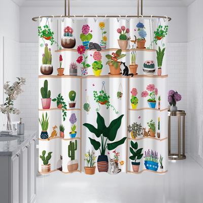1 Piece Of 180X180Cm Fun Flower Rack With Cat Pattern Printed Shower Curtain Partition, Bathroom Waterproof And Mildew Proof