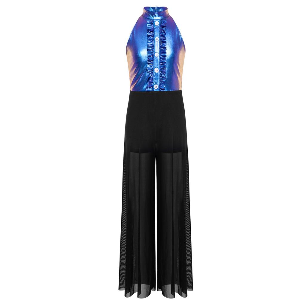 Meisjes Mock Neck Mouwloze Jumpsuit Metallic Bodice Ruches Wijde Pijp Rits aan de Achterkant Jazzdans Kostuum