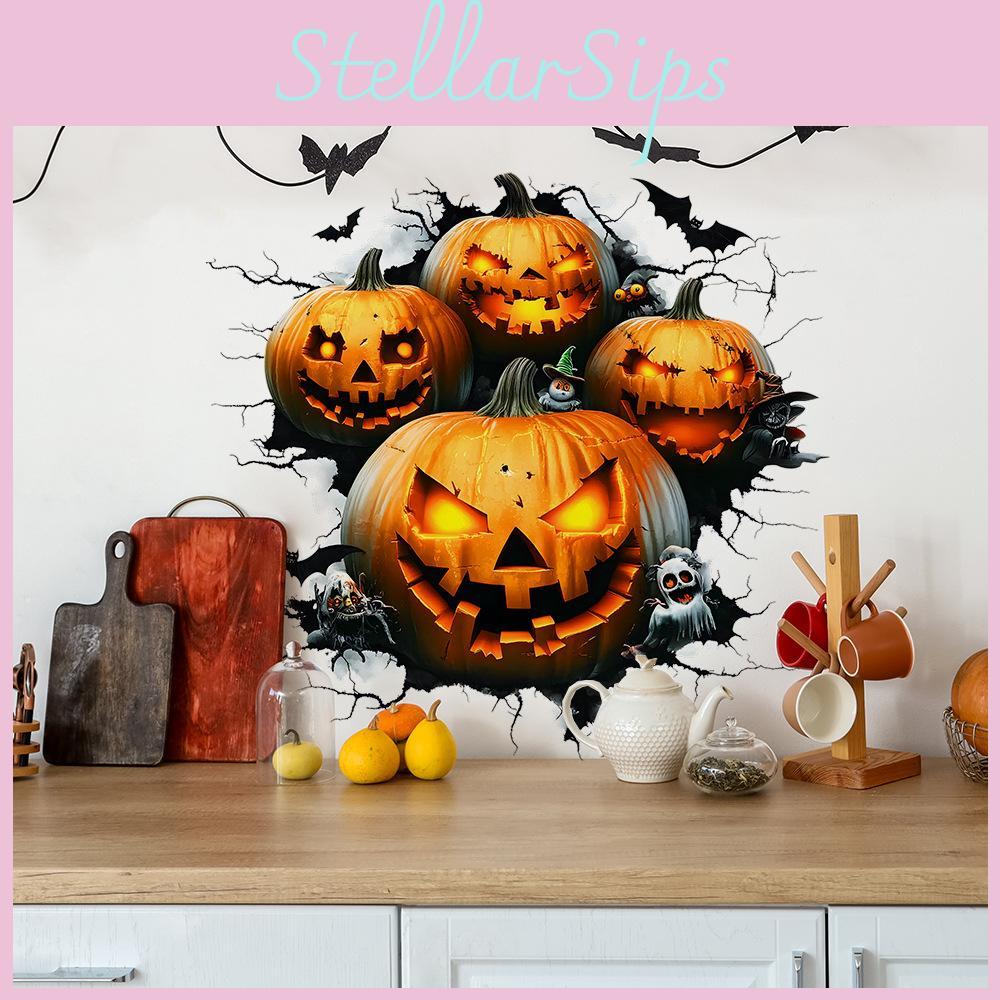 Spooky Wall Sticker Pvc Halloween Pumpkin Bat Decor For Living Room And Entryway