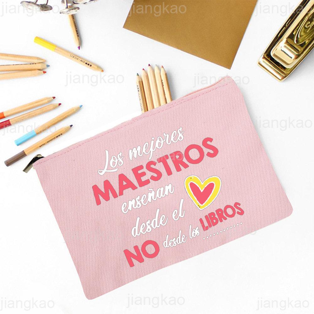Best Teacher In The Word Spanish Print Pencil Bag School Stationery Supplies Storage Bags Travel Makeup Bag Toiletry Pouch Gifts