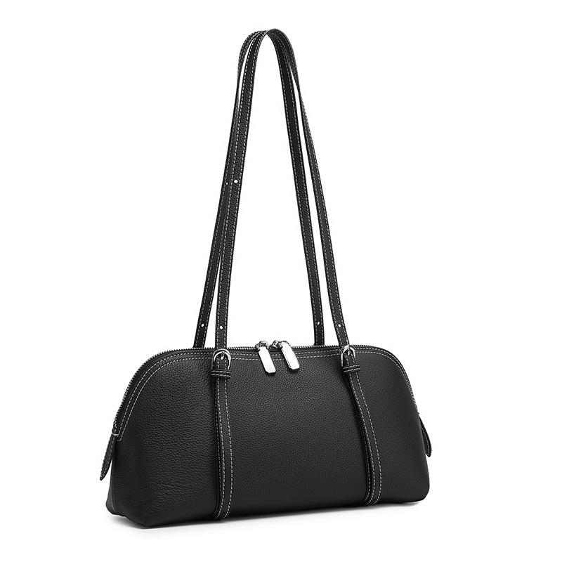 Vintage Genuine Leather Shell Shoulder Bag Ctrast Color Soft Designer Handbag Adjustable Strap Female Underarm Hobo Tote
