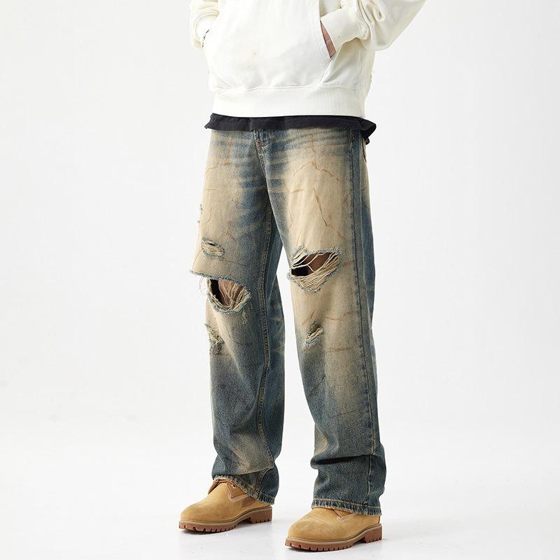 Jeans Men's Personalized Wide Legs Straight-Legged Trousers Ripped Beggar's Pants Wind Yellow Mud Dye
