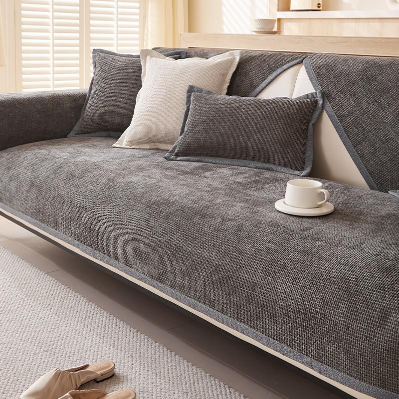 1PC Solid Color Textured Woven Chenille Anti-Slip Wide Edge All-Season Sofa Cover, for Living Room Weaving Style Couch Decor