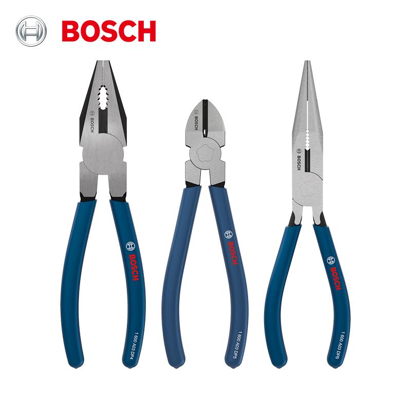 Bosch 3Pcs Pliers Set Chrome Vanadium Steel Hardened Teeth, Phosphated Black Finish, Ergonomic Dip-Molded Handles Long Nose & Diagonal Cutting Pliers