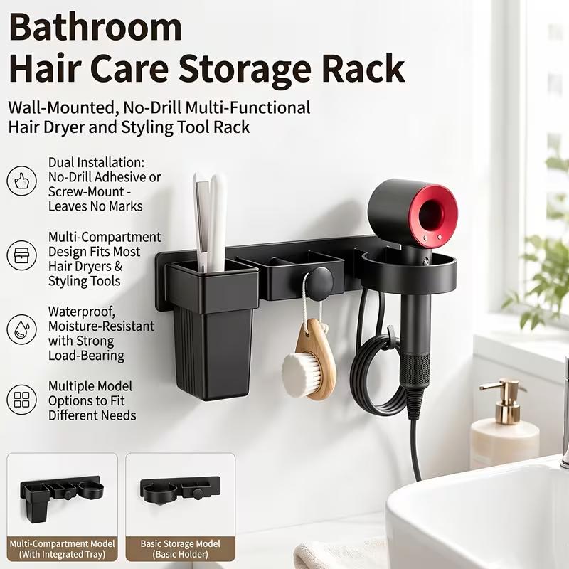 Wall Mounted Hair Dryer Holder Bathroom Hair Tool Storage Rack No Drill Self Adhesive Organizer for Hair Dryer Brush and Comb