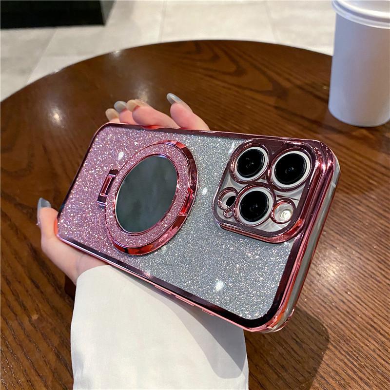 Apple 16 Magnetic Mirror Stand Case: Electroplated Glitter, Full Coverage for iPhone 15/17 Pro Max.