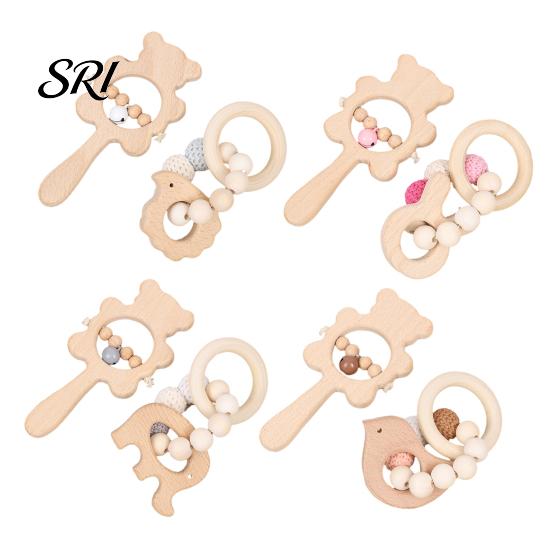 Beech Wood Baby Toy 1 Pair Wooden Rattle with Bell Beads Hedgehog Rabbit Elephant Bird Bead Teething Grip Ring Newborn Boys Girls Early Education