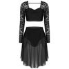 Women Lyrical Dance Costume Lace Sleeves Crop Top Chiffon Flowy Skirted Leotard Two Piece Outfit