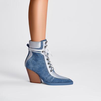 Moda Kaky's Nuevo Punta Denim Cordones Tacón Alto Botas Grandes para Mujer Botas Western
