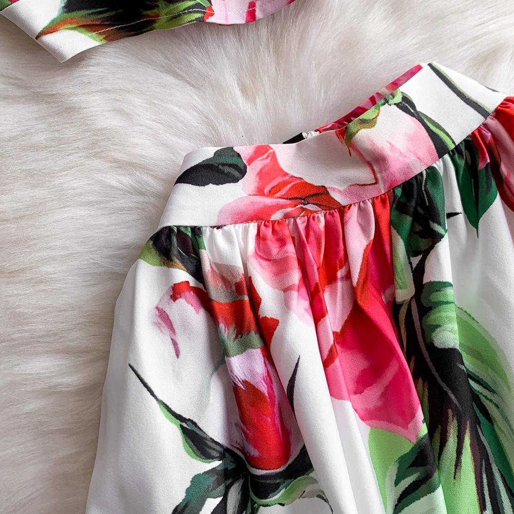 Summer Designer Rose Print Runway 2 Piece Set Women's Spaghetti Strap Vest Tops And Long Midi Skirt Holiday Beach Suit