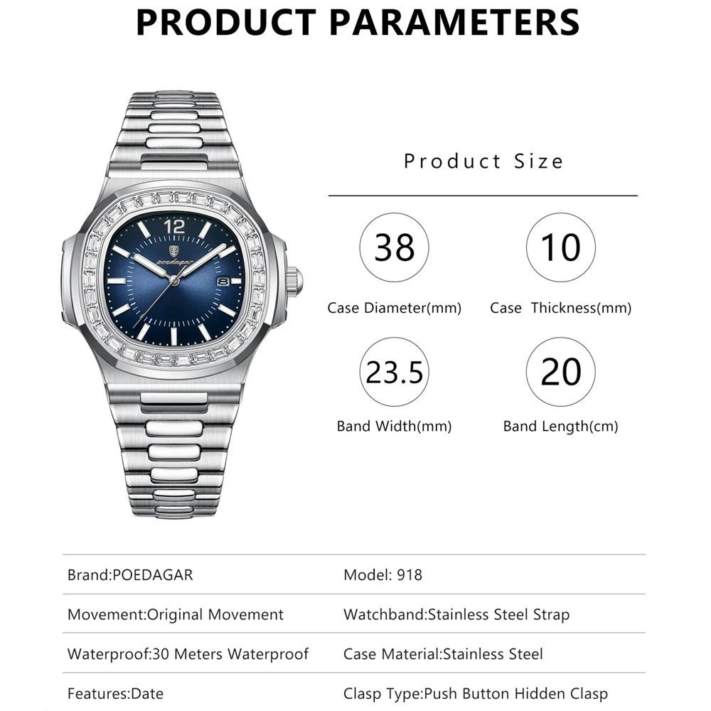 POEDAGAR Fashion Square Uhr für Männer Datum Edelstahl Quarz Mann Armbanduhren Wasserdicht Leuchtende Herrenuhr