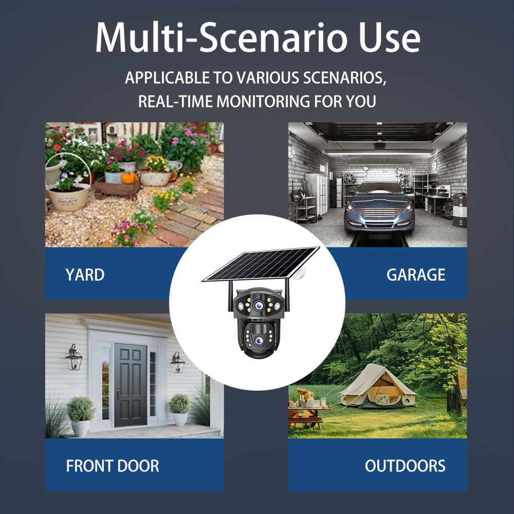 Dual Lens Solar Security Camera, 4G/WiFi Outdoor Monitor with Night Vision, HD Rechargeable PIR Surveillance System