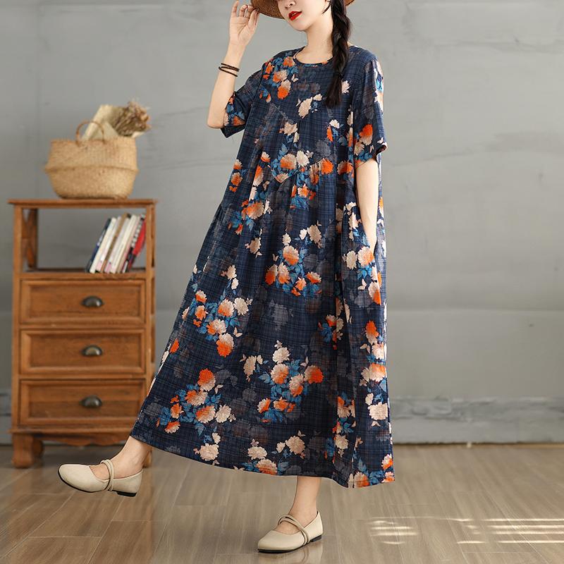 DIMANAF 2025 Women Plus Size Spring Summer Dress Casual Floral Dress Basic Vintage Loose Long Dress Maxi 9299