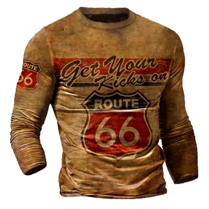 Men's Autumn and Winter Motorcycle T-shirt, 3D Printed Retro Long Sleeved Motorcycle Rider T-shirt, Oversized T-shirt, Men's