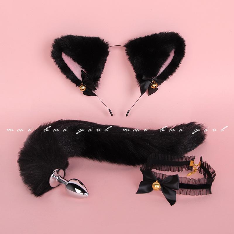 Fox Role Play Set: Metal Anal Plug with Tail, Lace Choker, and Headband for Teasing and Flirting