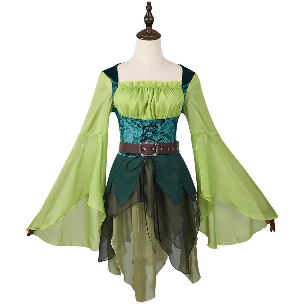 Women's Elf Medieval Green Fairy Dress Magical Elf Dress and Belt with Wings Halloween Cosplay Costumes Elf role-playing costume