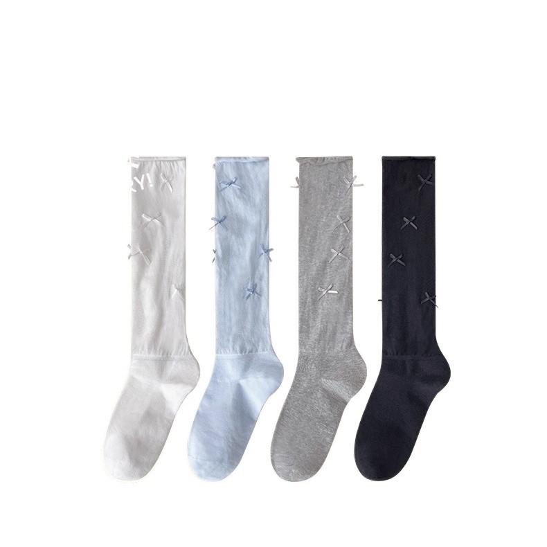 Female Spring and Autumn Sweet Bow Mesh Stitching Show Skinny Leg Pile Socks