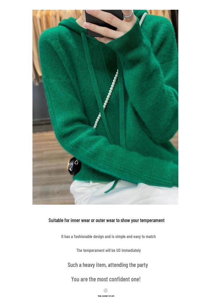 Women's Wool Hooded Sweatshirt: 2025 Autumn/Winter Loose Knit Cardigan Pullover.
