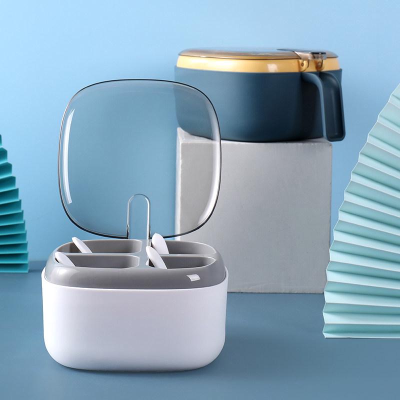 Four-Compartment Kitchen Seasoning Storage Box with Lid for Salt, MSG, and Pepper.