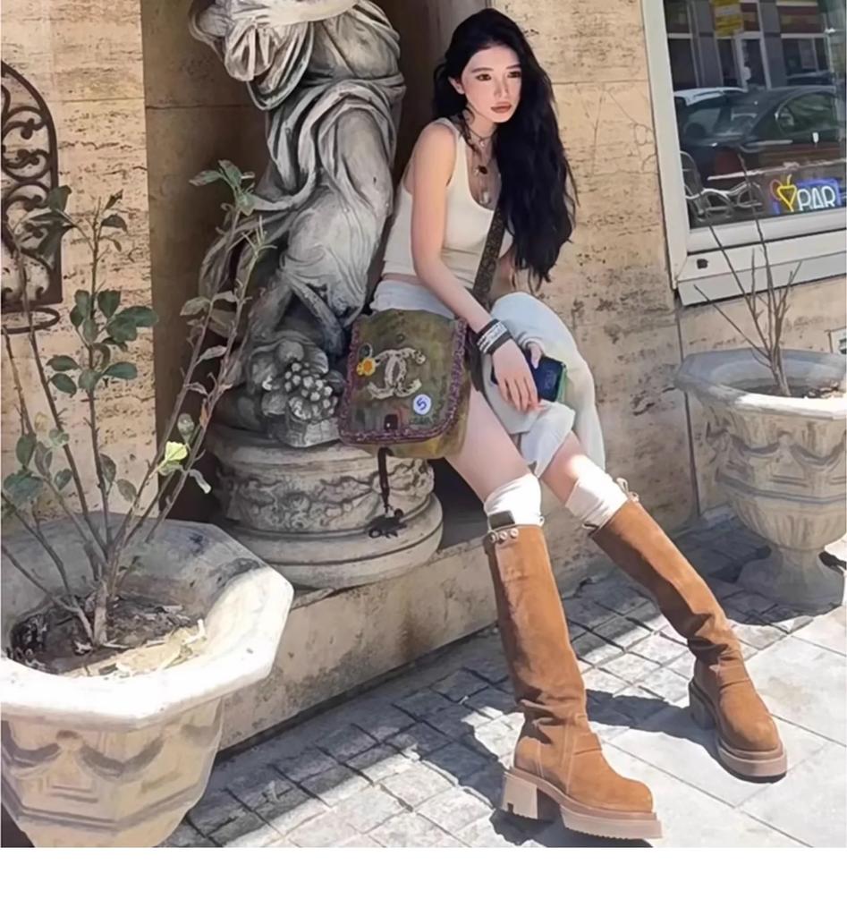 2025 Autumn/Winter New Fashionable Women's Boots Thick Soled Elastic Skinny Boots Knee Length Round Head Retro Knight Boots