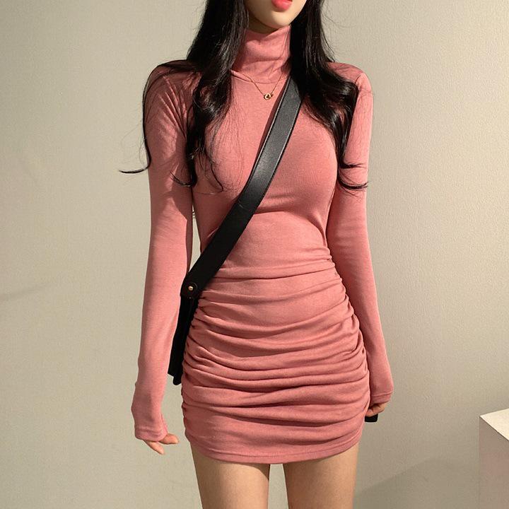 De Rong Slim Fit Pleated Mini Dress - Women s Waist-Cinched, Versatile Korean Style for Autumn/Winter S up to 40kg