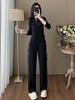 Women's Autumn Casual Sports Set: Slimming Black Long Sleeve Top & Wide Leg Pants