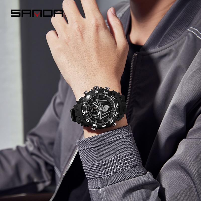 Sanda Double Display Spider Luminous Youth Electronic Watch Multifunctional Fashion Trend Men'S Alarm Clock Watch