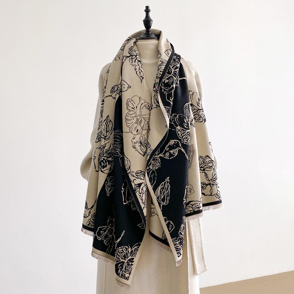 Printed splicing flowers double-sided imitation cashmere scarf winter high-end warm shawl