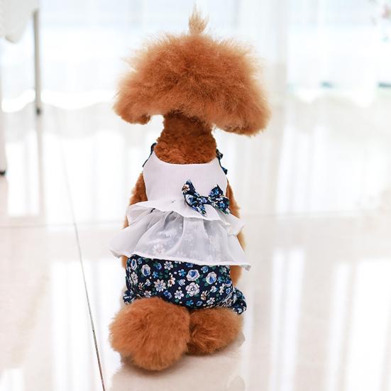 Dog Jumpsuit Round Neck Floral Printed Ruffles Hem Bowknot Romper Pet Dog Pet Supplies