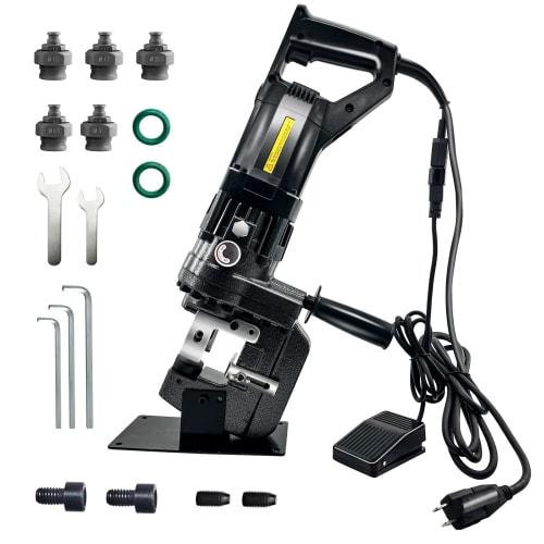 Powerful 10t Electric Hydraulic Puncher with 5 Punch Dies, 4-20mm, 1300W, AC100V Battery, Compatible with Angle Iron, Channel Steel, and I-Beam, Stee
