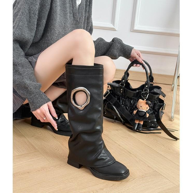 Star Meng Ziyi Has the Same Square Head Hole Design, Western Cowboy Boots, Women's Retro Versatile Thick-soled Thick-heeled Trouser Boots.