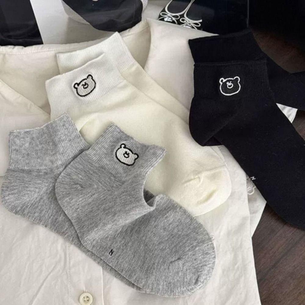 3Pairs Sweet Embroidered Bear Socks Thin Short Tube Socks Women Soft Sweet Ankle Socks  Lady