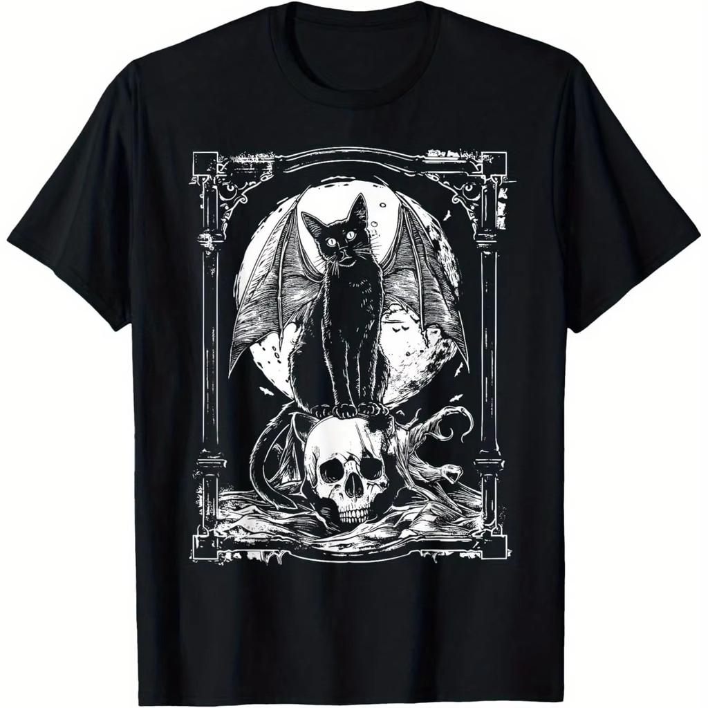 Mysterious Bat Skull Gothic T Shirt Unisex Unisex Black Metal Punk Tee Aesthetic Graphic Trendy Streetwear Casual Tops
