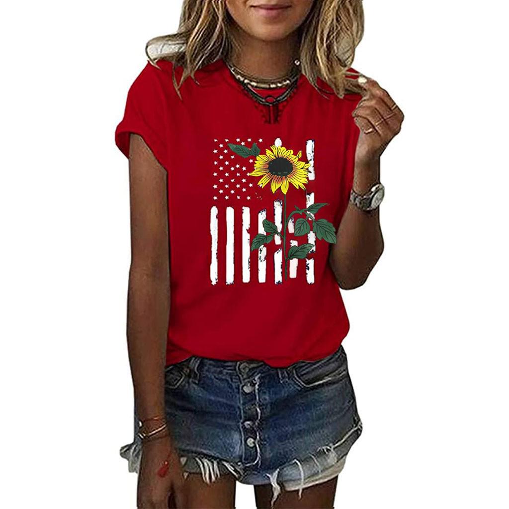 

Женская летняя рубашка с коротким рукавом и принтом подсолнечника, повседневная туника, топы, блузка XL красный