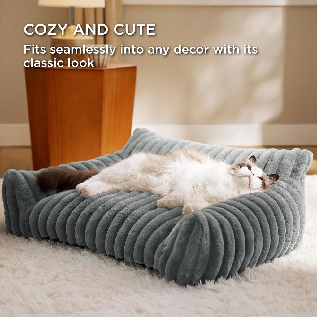 Self-Warming Plush Pet Couch Bed - Calming Orthopedic Sofa for Cats & Small Dogs, Removable Washable Cover with Non-Slip Bottom