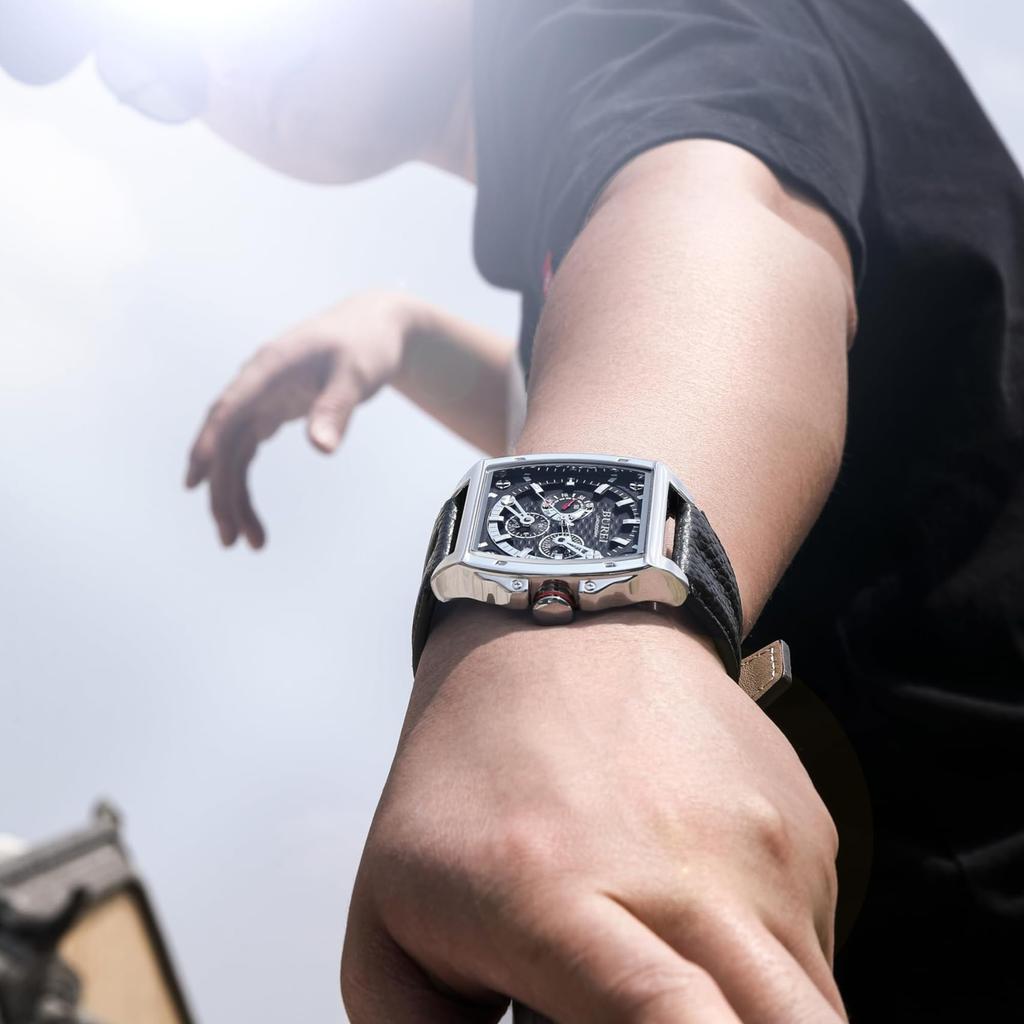 BUREI Men's Chronograph Analog Quartz Watch with Square Design, Waterproof, Black Leather Strap, Date Display, Selection